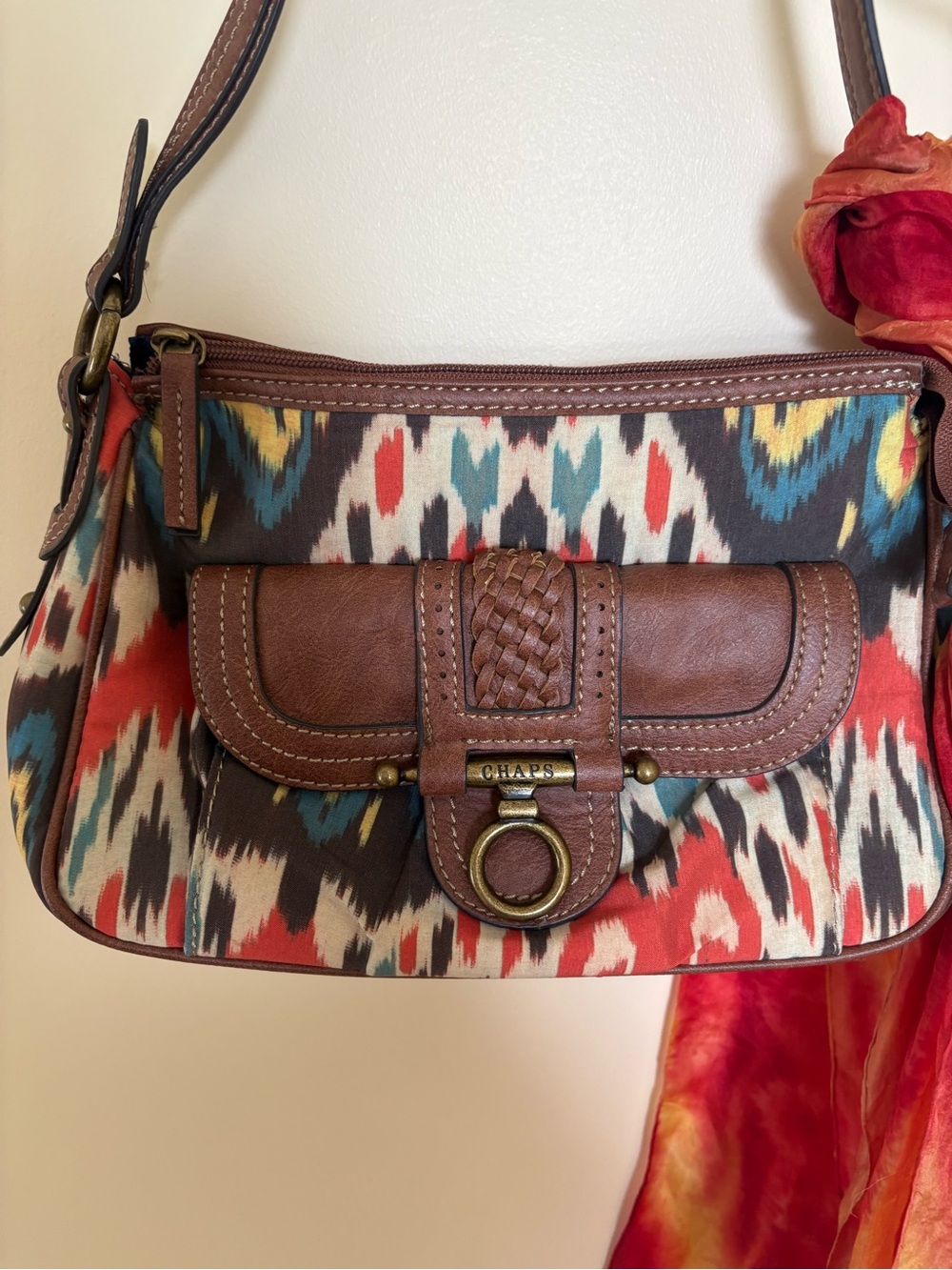 Chaps  Multicolor Boho-Ikat Shoulder purse with Brown Leather accents